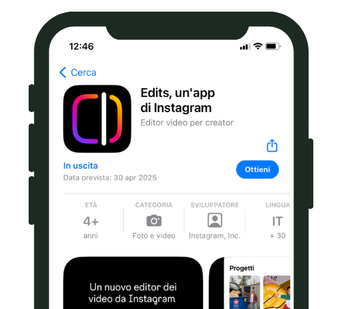 Schermata dell'App Store che mostra "Edits, un'app di Instagram", un editor video per creator.