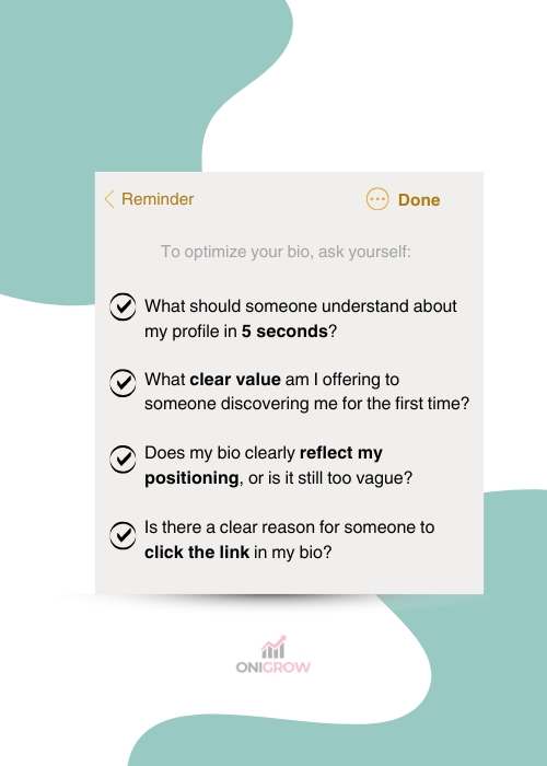 Infographic: key questions to improve your Instagram Bio.